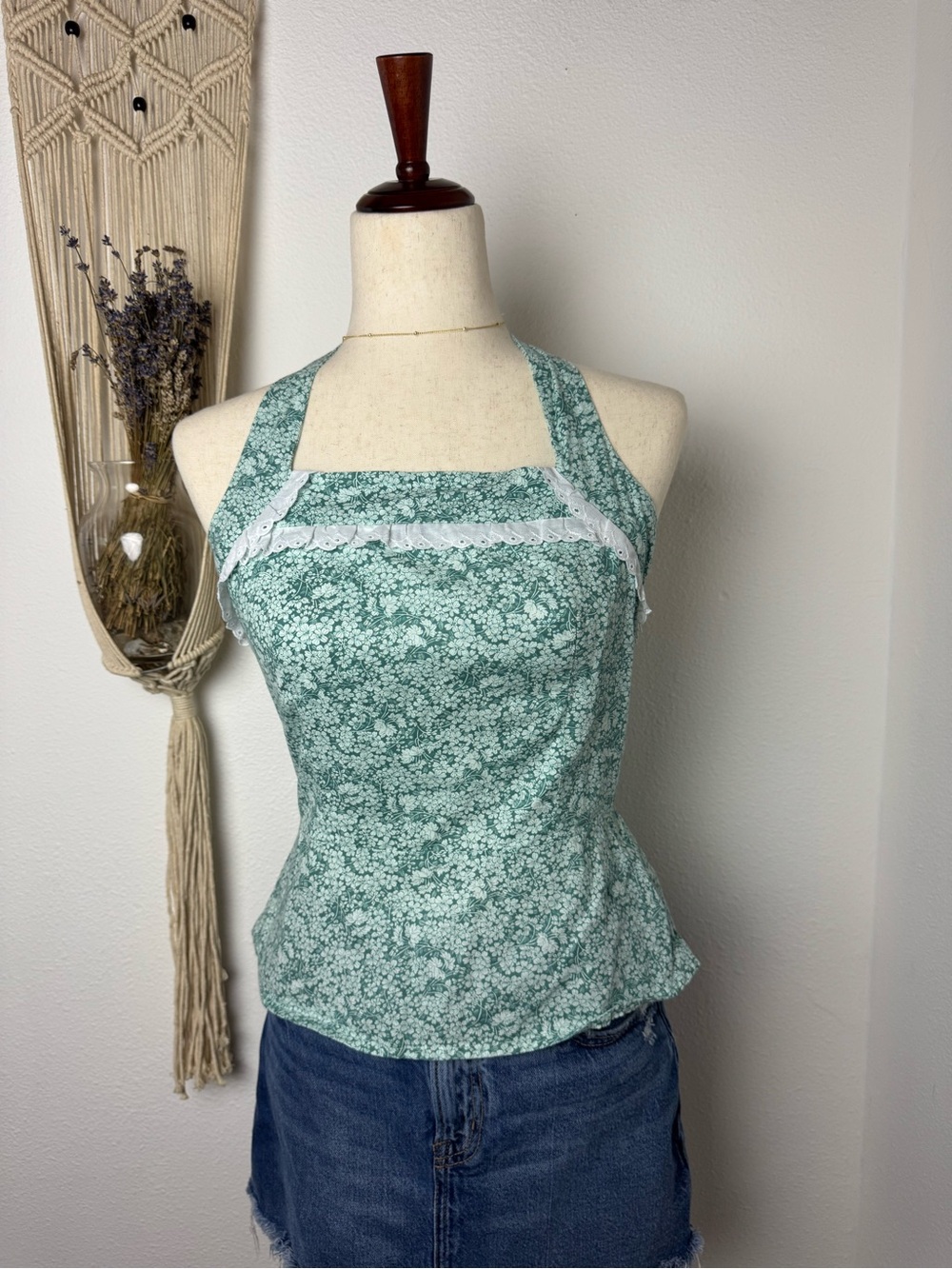 Vintage Mint Green Floral Halter Top with White Lace Trim